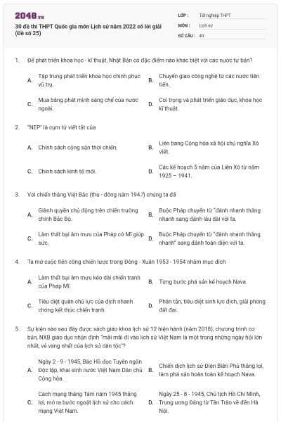 30 đề thi THPT Quốc gia môn Lịch sử năm 2022 có lời giải (Đề số 25)