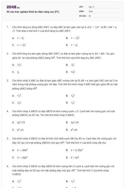 80 câu trắc nghiệm Khối đa diện nâng cao (P1)