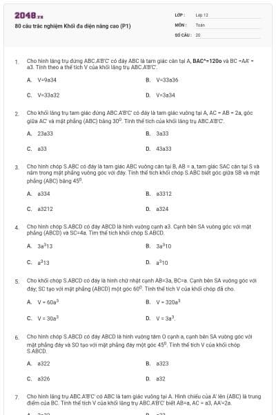 80 câu trắc nghiệm Khối đa diện nâng cao (P1)