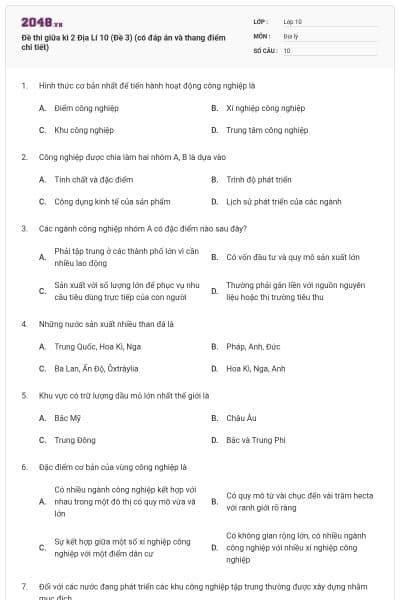Đề thi giữa kì 2 Địa Lí 10 (Đề 3) (có đáp án và thang điểm chi tiết)