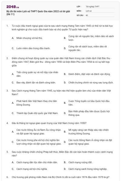 Bộ đề thi môn Lịch sử THPT Quốc Gia năm 2022 có lời giải (Đề 11)