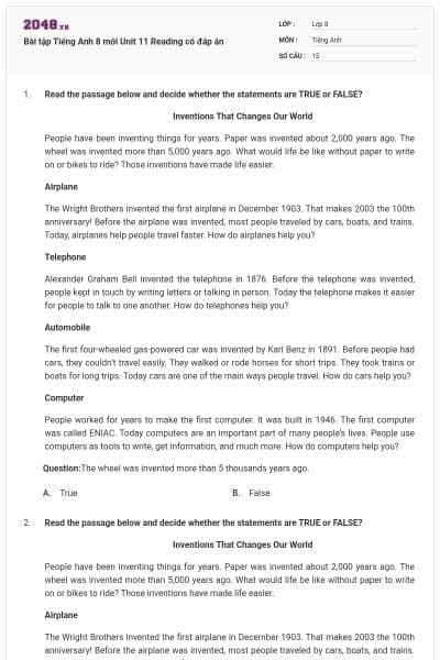 Bài tập Tiếng Anh 8 mới Unit 11 Reading có đáp án