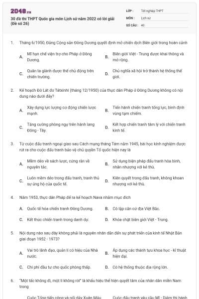 30 đề thi THPT Quốc gia môn Lịch sử năm 2022 có lời giải (Đề số 26)