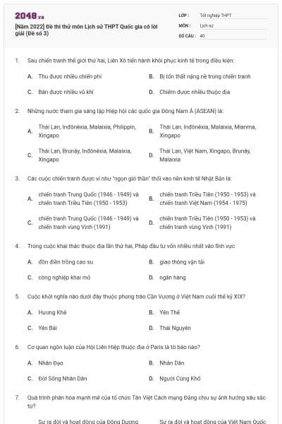 [Năm 2022] Đề thi thử môn Lịch sử THPT Quốc gia có lời giải (Đề số 3)