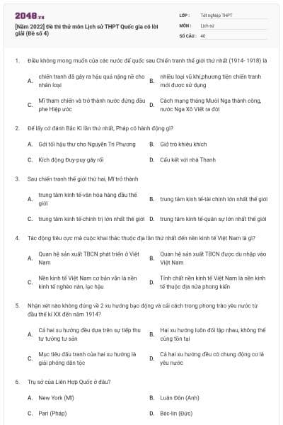 [Năm 2022] Đề thi thử môn Lịch sử THPT Quốc gia có lời giải (Đề số 4)