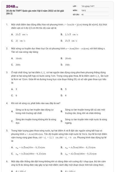 30 đề thi THPT Quốc gia môn Vật lí năm 2022 có lời giải (Đề 3)