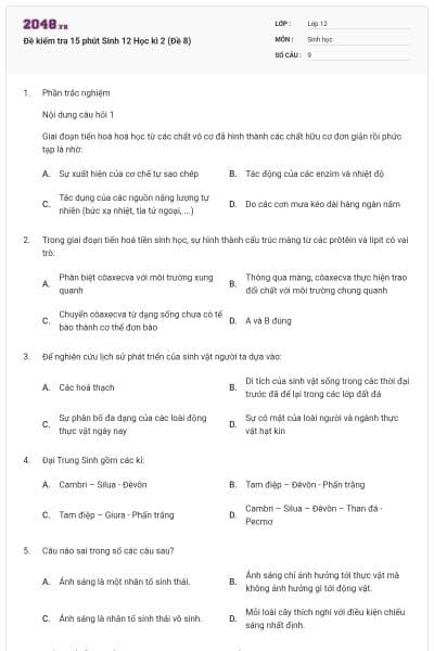 Đề kiểm tra 15 phút Sinh 12 Học kì 2 (Đề 8)