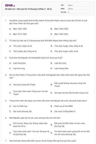 Đề kiểm tra 1 tiết Lịch Sử 10 Chương 4 (Phần 2 - Đề 2)