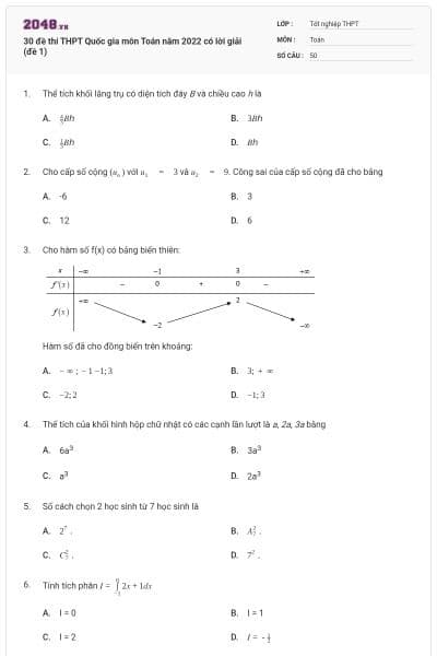 30 đề thi THPT Quốc gia môn Toán năm 2022 có lời giải (đề 1)