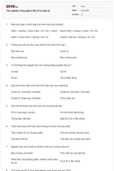 Trắc nghiệm Công nghệ 6 Bài 20 có đáp án