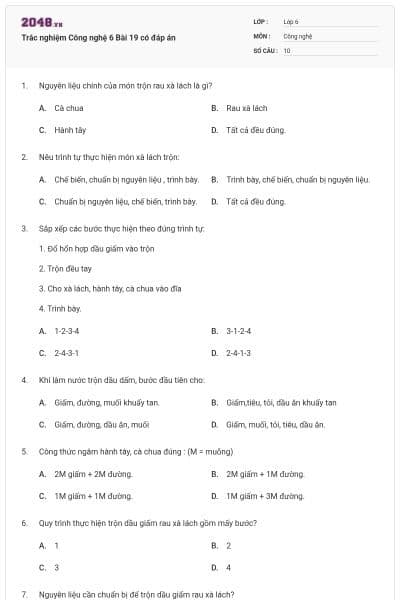 Trắc nghiệm Công nghệ 6 Bài 19 có đáp án