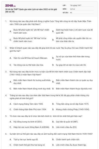 30 đề thi THPT Quốc gia môn Lịch sử năm 2022 có lời giải (Đề số 29)