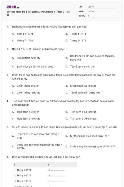 Bộ 4  Đề kiểm tra 1 tiết Lịch Sử 10 Chương 1 (Phần 3 - Đề 3)