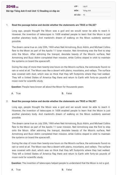 Bài tập Tiếng Anh 8 mới Unit 12 Reading có đáp án