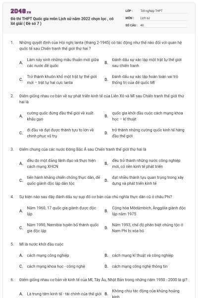 Đề thi THPT Quốc gia môn Lịch sử năm 2022 chọn lọc , có lời giải ( Đề số 7 )