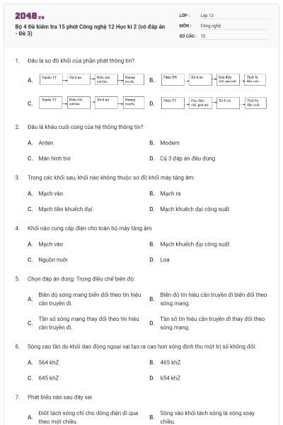 Bộ 4 Đề kiểm tra 15 phút Công nghệ 12 Học kì 2 (có đáp án - Đề 3)