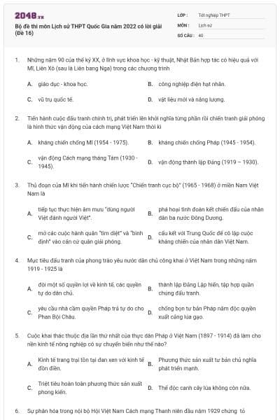Bộ đề thi môn Lịch sử THPT Quốc Gia năm 2022 có lời giải (Đề 16)