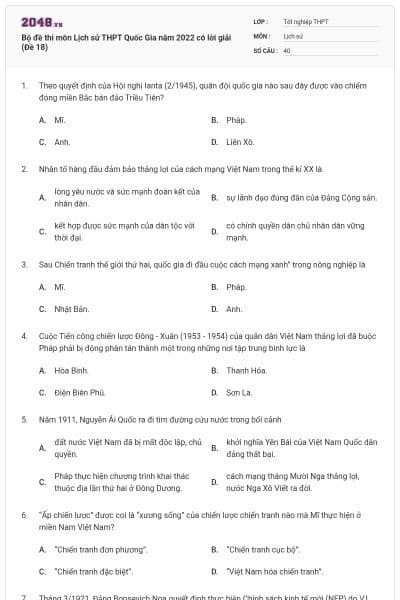 Bộ đề thi môn Lịch sử THPT Quốc Gia năm 2022 có lời giải (Đề 18)