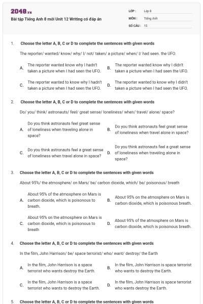 Bài tập Tiếng Anh 8 mới Unit 12 Writing có đáp án