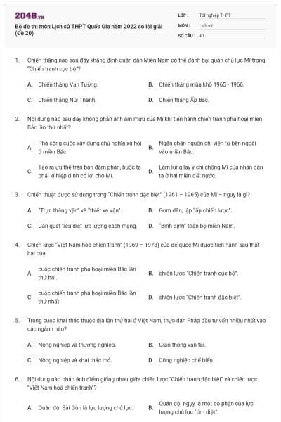 Bộ đề thi môn Lịch sử THPT Quốc Gia năm 2022 có lời giải (Đề 20)