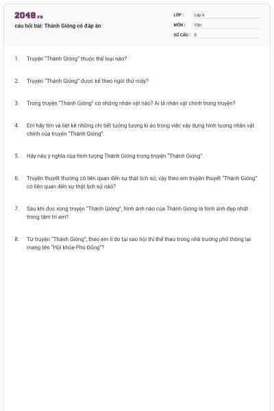câu hỏi bài: Thánh Gióng có đáp án
