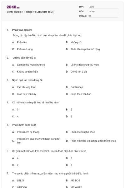 Đề thi giữa kì 1 Tin học 10 Lần 2 (Đề số 3)