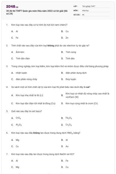 30 đề thi THPT Quốc gia môn Hóa năm 2022 có lời giải (Đề số 24)