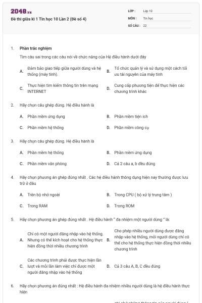 Đề thi giữa kì 1 Tin học 10 Lần 2 (Đề số 4)