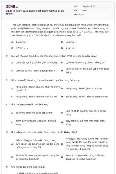 30 đề thi THPT Quốc gia môn Vật lí năm 2022 có lời giải (Đề 6)