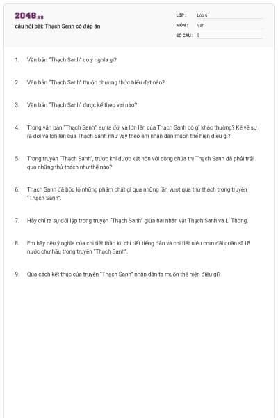 câu hỏi bài: Thạch Sanh có đáp án