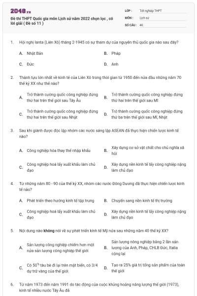 Đề thi THPT Quốc gia môn Lịch sử năm 2022 chọn lọc , có lời giải ( Đề số 11 )