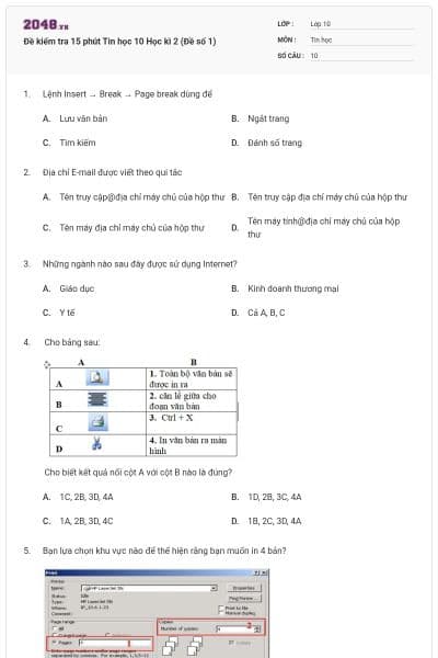 Đề kiểm tra 15 phút Tin học 10 Học kì 2 (Đề số 1)