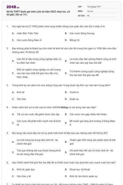 Đề thi THPT Quốc gia môn Lịch sử năm 2022 chọn lọc ,có lời giải ( Đề số 14 )