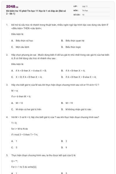 Đề kiểm tra 15 phút Tin học 11 Học kì 1 có đáp án (Bài số 2 - Đề 1)