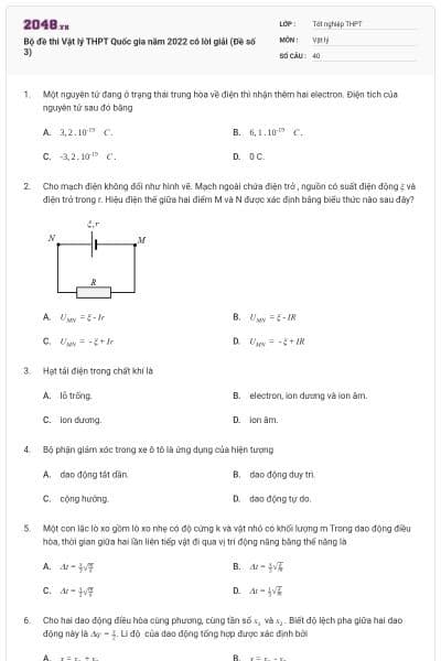Bộ đề thi Vật lý THPT Quốc gia năm 2022 có lời giải (Đề số 3)