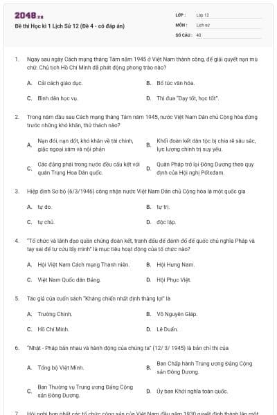 Đề thi Học kì 1 Lịch Sử 12 (Đề 4 - có đáp án)