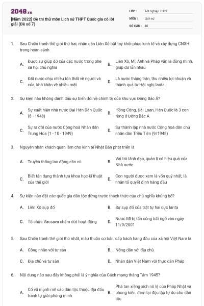 [Năm 2022] Đề thi thử môn Lịch sử THPT Quốc gia có lời giải (Đề số 7)