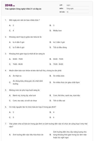 Trắc nghiệm Công nghệ 6 Bài 21 có đáp án