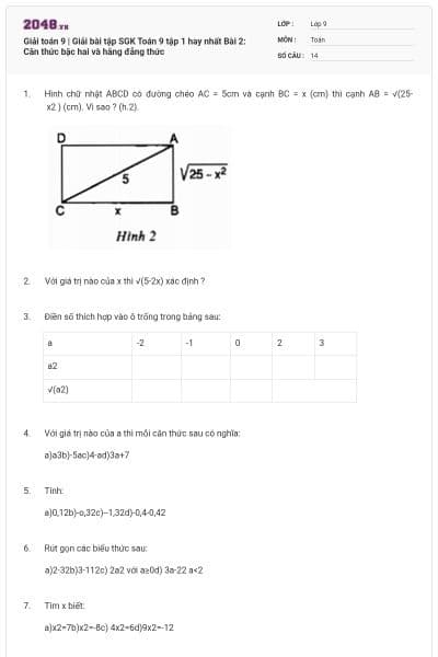Giải toán 9 | Giải bài tập SGK Toán 9 tập 1 hay nhất Bài 2: Căn thức bậc hai và hằng đẳng thức
