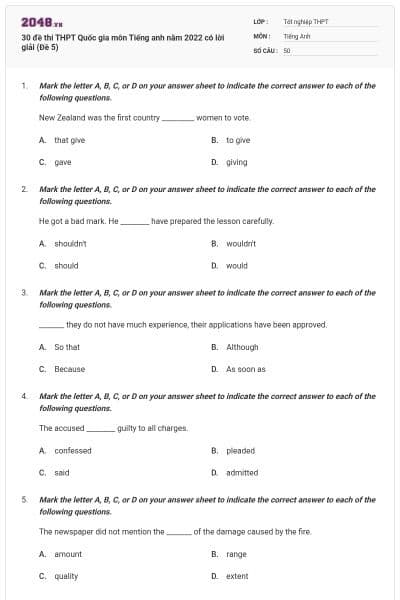 30 đề thi THPT Quốc gia môn Tiếng anh năm 2022 có lời giải (Đề 5)