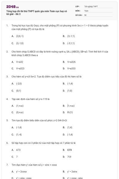 Tổng hợp đề thi thử THPT quốc gia môn Toán cực hay có lời giải - Đề 3