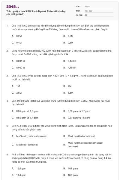 Trắc nghiệm Hóa 9 Bài 3 (có đáp án): Tính chất hóa học của axit (phần 2)