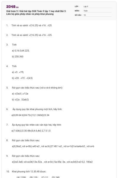 Giải toán 9 | Giải bài tập SGK Toán 9 tập 1 hay nhất Bài 3: Liên hệ giữa phép nhân và phép khai phương