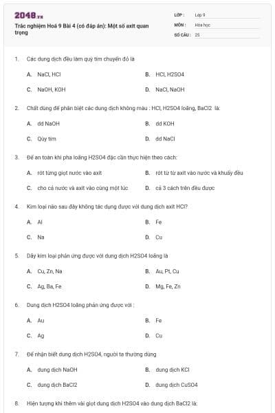 Trắc nghiệm Hoá 9 Bài 4 (có đáp án): Một số axit quan trọng