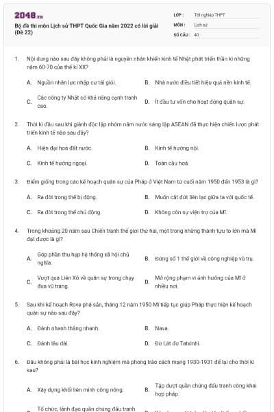 Bộ đề thi môn Lịch sử THPT Quốc Gia năm 2022 có lời giải (Đề 22)