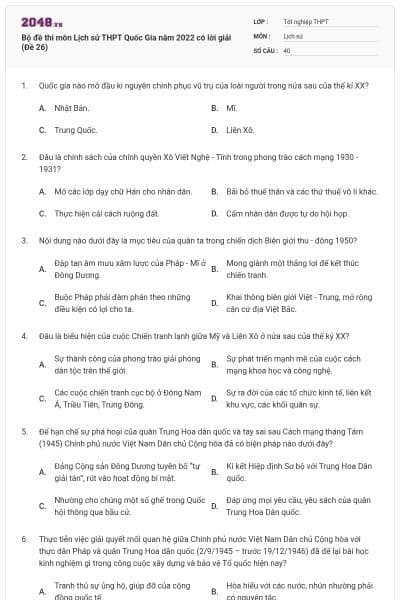 Bộ đề thi môn Lịch sử THPT Quốc Gia năm 2022 có lời giải (Đề 26)