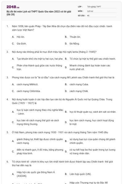 Bộ đề thi môn Lịch sử THPT Quốc Gia năm 2022 có lời giải (Đề 28)