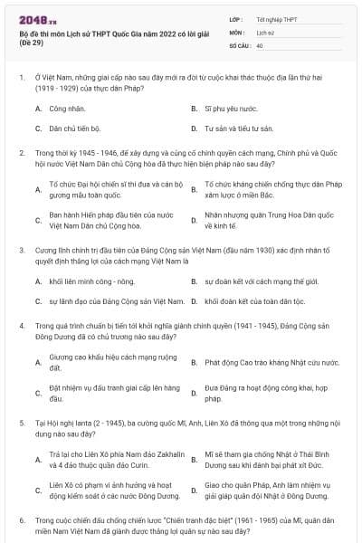 Bộ đề thi môn Lịch sử THPT Quốc Gia năm 2022 có lời giải (Đề 29)