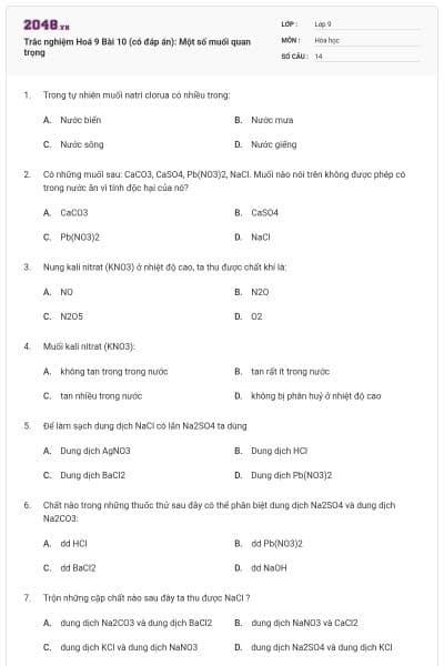 Trắc nghiệm Hoá 9 Bài 10 (có đáp án): Một số muối quan trọng