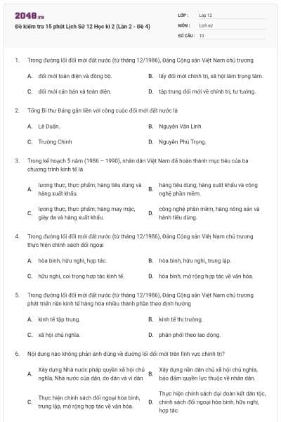 Đề kiểm tra 15 phút Lịch Sử 12 Học kì 2 (Lần 2 - Đề 4)